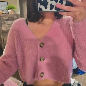 pink cropped fuzzy sweater